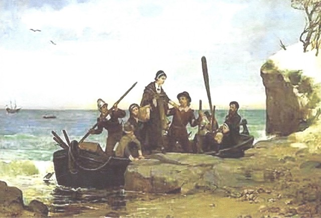 The Mayflower lands at Plymouth Rock, Massachusetts