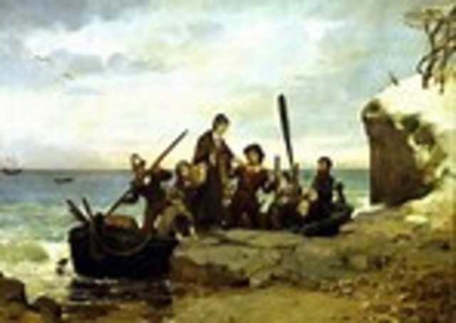 The Mayflower lands at Plymouth Rock, Massachusetts