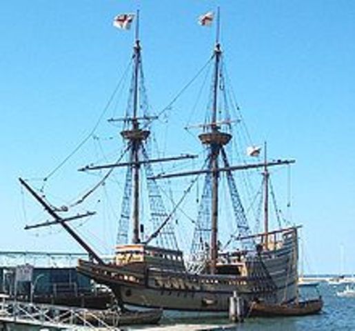 The Mayflower lands at Plymouth Rock, Massachusetts
