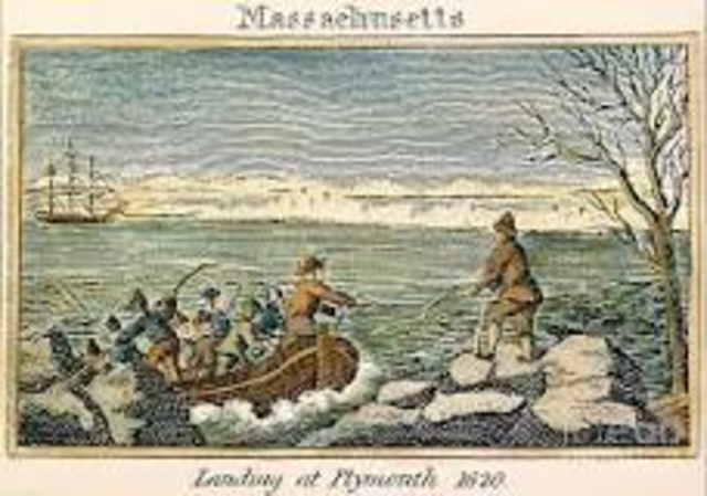 The Mayflower lands at Plymouth Rock, Massachusetts