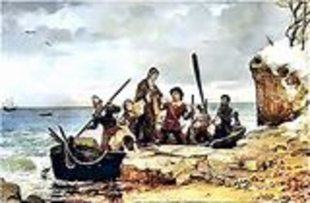 The Mayflower lands at Plymouth Rock, Massachussetts