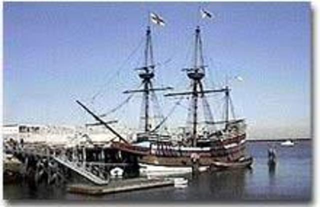 The Mayflower lands at Plymouth Rock, Massachusetts