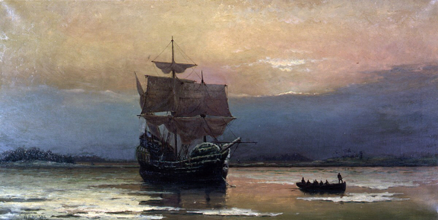 The mayflower lands at Plymouth Rock,  Massachusetts