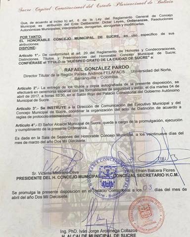 RECONOCIMIENTO-HUESPED GRATO DE LA CIUDAD DE SUCRE