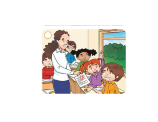 Miss Wilkins gives students their grades.