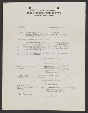 Official Letter providing Lucius Byron Nash his active duty assignment.