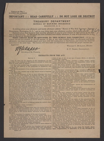 Circular no. 1 from the Treasury Department Bureau of War-Risk Insurance, Washington, D.C.