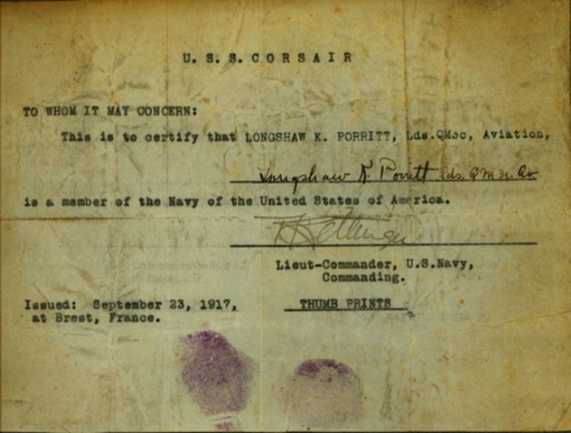 Identification document for Porritt with thumb prints