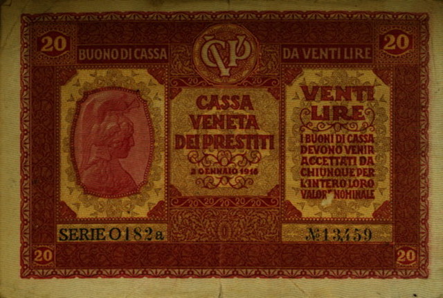 Legal tender for 20 Lire; writing under the Venti Lire reads "cash certificates should be accepted by everyone for their entire nominal value"