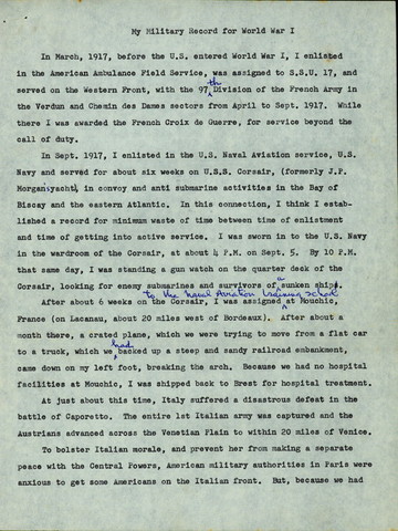 Typed copy of the memoir submitted in support of his application for a Connecticut World War I bonus