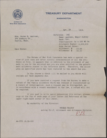 Letter from the Treasury Department of the United States