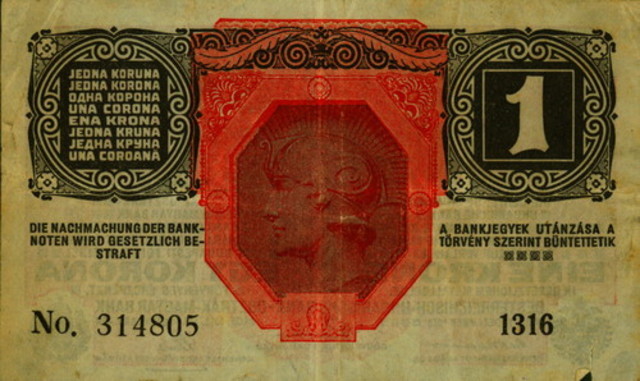 Banknote for 1 Kroner [?] with warning in German and Hungarian that counterfeiting banknotes is punishable by la