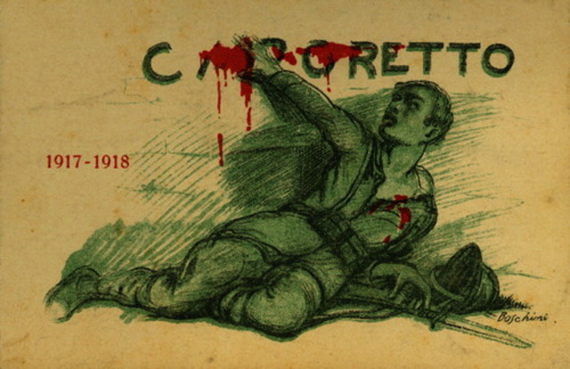 Postcard depicting a wounded soldier smearing blood over the word "Caporetto", a reference to the Battle of Caporetto [Oct. - Nov. 1917], during which the Germans broke the Italian lines