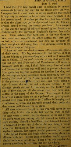 Typed statement by Porritt, written from the Italian war zone, June 8, 1918, defending himself from charges that he favored fair play "for the Boche after the war"