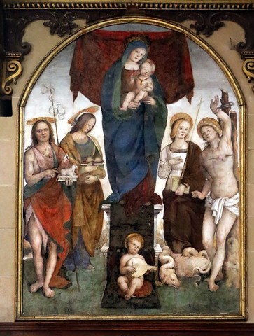 Aspertini 1508-09,Madonna col Bambino e i santi Giovanni Battista, Agata, Margherita e Sebastiano, Lucca, San Frediano