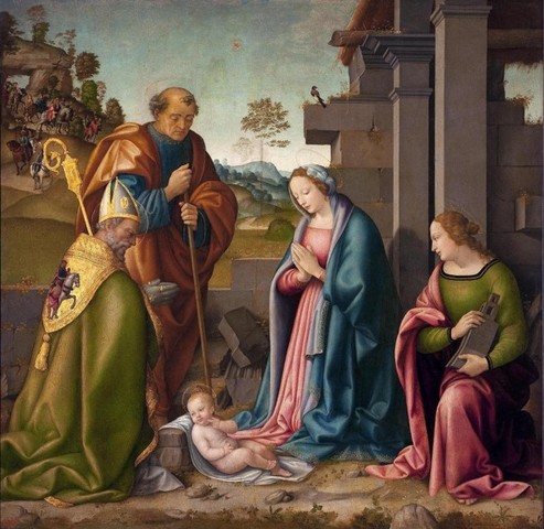 Raffaello Botticini  (1474-1525)  Adorazione del Bambino con Santa Barbara e San Martino  1512  San Pietroburgo, Hermitage Museum