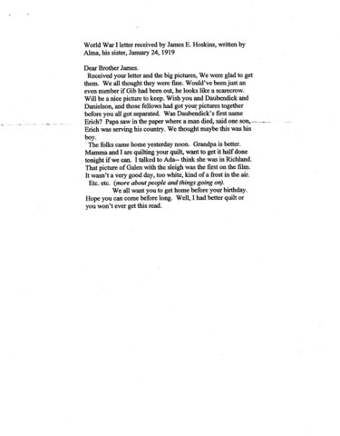 Letter to Hoskins from his sister Alma