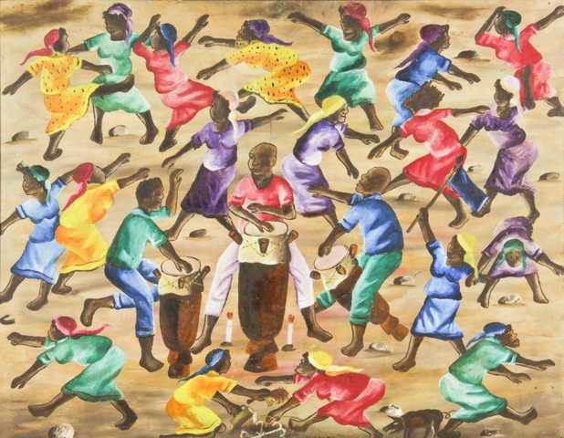 Islanders dancing around drummers