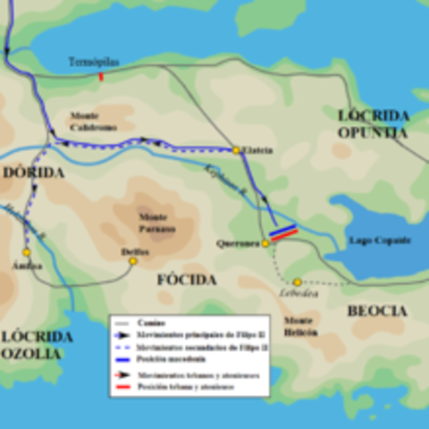 Filipo II derrota a la Liga Helénica en la batalla en la batalla de Queronea y se convierte en el Gobernante de Grecia