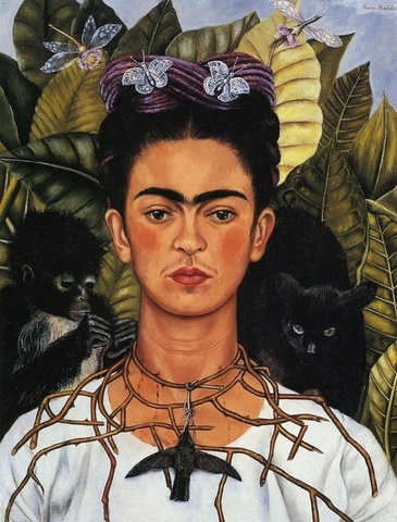 Frida pintó el autorretrato con collar de espinas y colibrí.