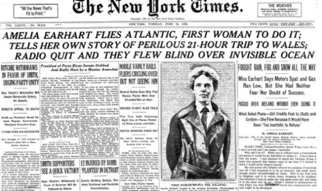 Amelia Earhart becomes the 1st woman to fly over the Atlantic Ocean