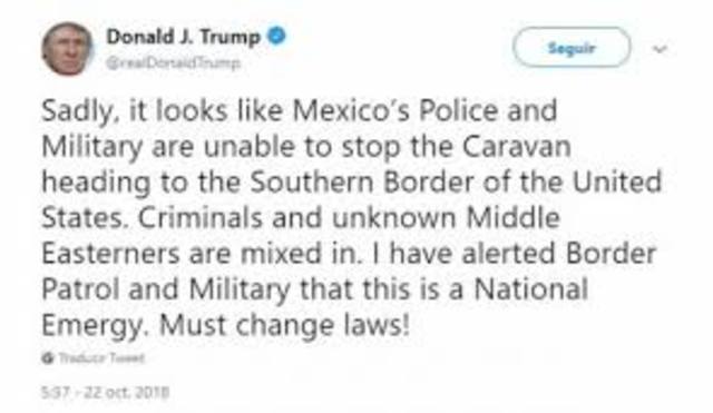 Trump critica incapacidad de México para detener a la caravana migrante