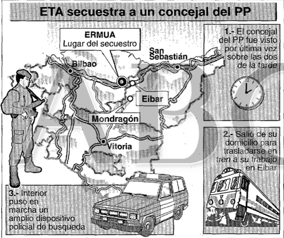 ETA secuestra a Miguel Ángel Blanco Garrido, concejal del PP de la localidad de Ermua, y amenaza al Gobierno con asesinarlo si no efectúa el acercamiento de los presos etarras en 48 horas