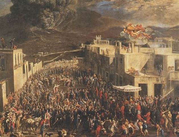 Erupción del monte Vesubio que entierra a Pompeya y a Herculano.