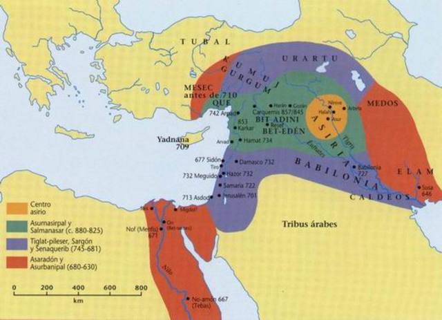 Se inicia la fase del máximo poderío asirio.