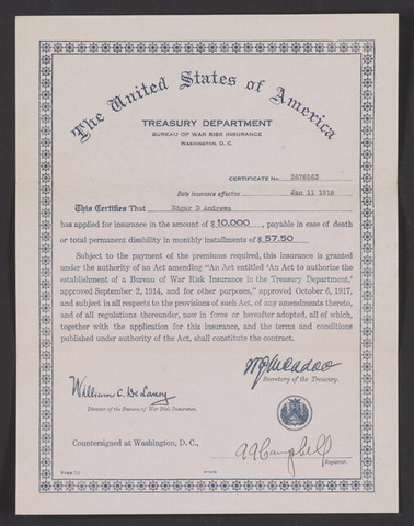 Certificate of insurance from the Treasury Department Bureau of War Risk Insurance