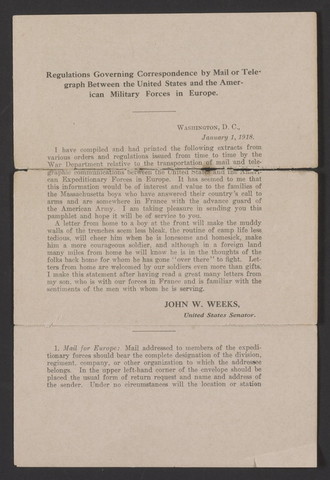 Pamphlett from Sen. John W. Weeks, included with letter to Sarah Andrews of explaining regulations involving mail sent overseas.
