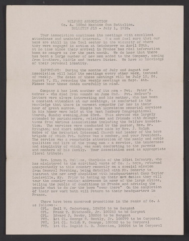 Bulletin #13 of the Welfare Association Co. A, 102nd Machine Gun Battalion [7/1/1918]
