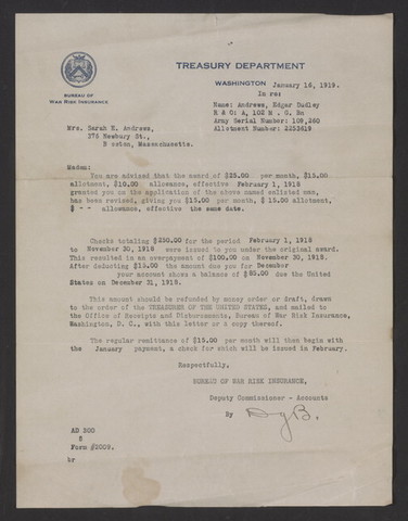 Letter from the Treasury Department of the United States to Mrs. Sarah E. Andrews, informing her of the revised amount allotted her for her son's death in war, and billing her for $100 overpayment