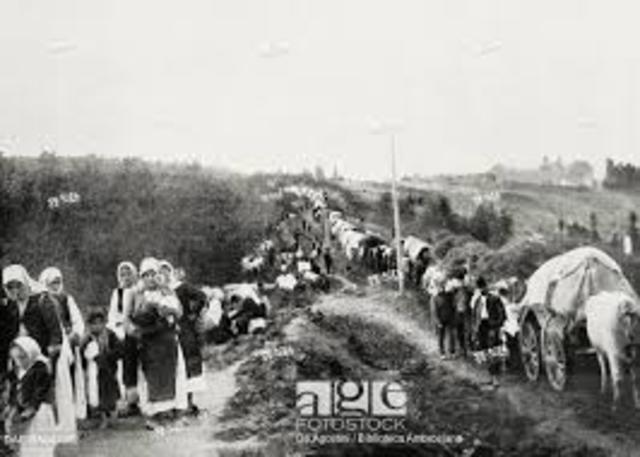 Serbia is invaded by Germany, Austria, and Bulgaria.