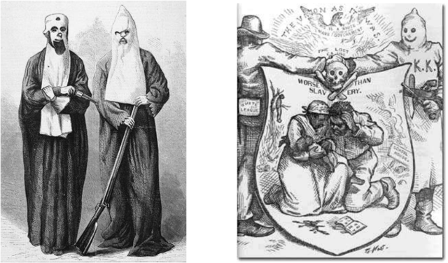 Six Confederate veterans created the KKK or Klu Klux Klan which was anti-minority/ant-african american group and had violent ways or carrying out their perceived way of preserving "Southern Honor" which included mass killing or raids.