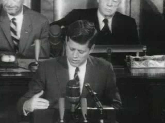President John F Kennedy addresses congress and challenges nation to put a man on the Moon by the end of the decade