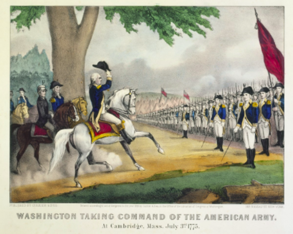 Washington arrives on outskirts of Boston with Continental troops
