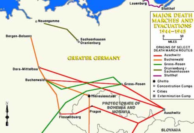 Nazi’s conduct death marches on concentration camp prisoners as the Allied Powers get closer.