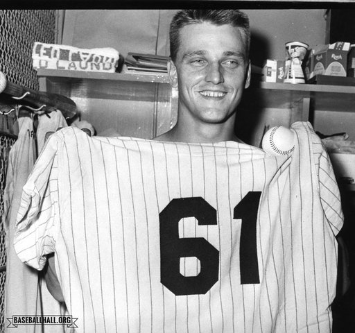 Roger Maris of the Yankees breaks Babe Ruth's single season home run record