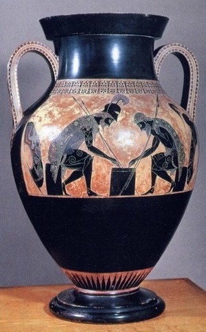 Ánfora preclásica, fabricada por Exequias, alfarero y pintor griego, conocido por su técnica de pinturas negras (fecha aproximada entre el 550 a.C. y el 530 a.C.)