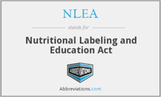 Nutrition Labeling and Education Act (NLEA) passes. It requires all packaged foods to bear nutrition labeling and all health claims for foods to be consistent with terms defined by the Secretary of HHS.