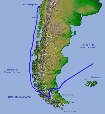 Pedro Sarmiento explora o estreito de Magallanes