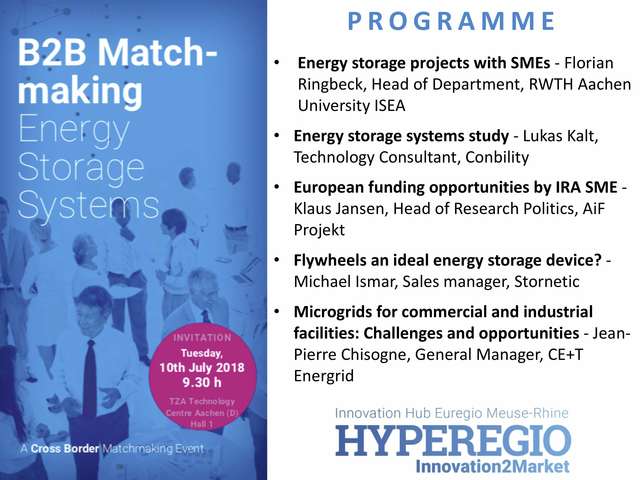 B2B Matchmaking “Energy storage continues its upswing – business an funding opportunities in the HYPEREGIO” | Technologiezentrum Aachen - 10 juillet 2018