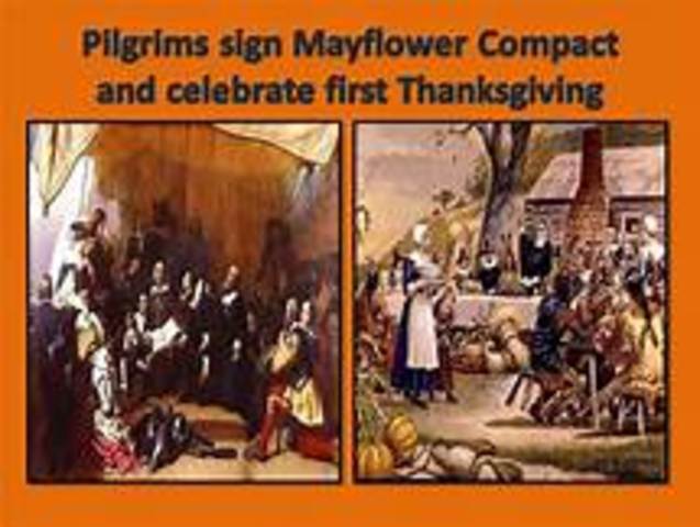 Pilgrims Land with Mayflower Compact.