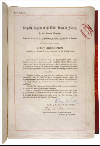 18th Amendment Outlaws Alcoholic Beverages