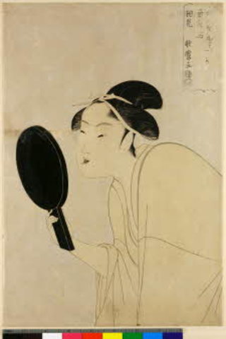 Kitagawa Utamaro - Young Woman with Black Teeth Examining her Features in a Mirror