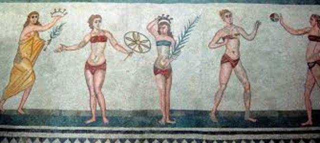 Conjunto de mosaicos de la Villa Romana del Casale, (Sicilia), fecha aproximada principios del siglo IV d.C., es la agrupación mayólica  más bonita y mejor conservada del Imperio Romano