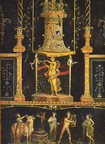 Pintura en Casa de los Vetti, (Nápoles), fecha aproximada a partir de la segunda mitad del siglo I d.C. La muerte de la serpiente Pitón a manos de Apolo, el cual aparece tocando la lira