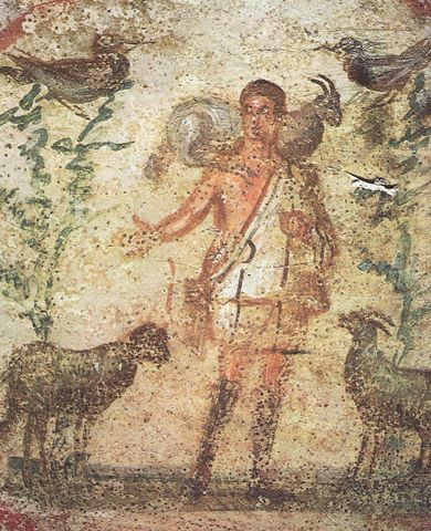 Pintura Buen Pastor. Catacumba de Priscila, Roma. finales del s.II
