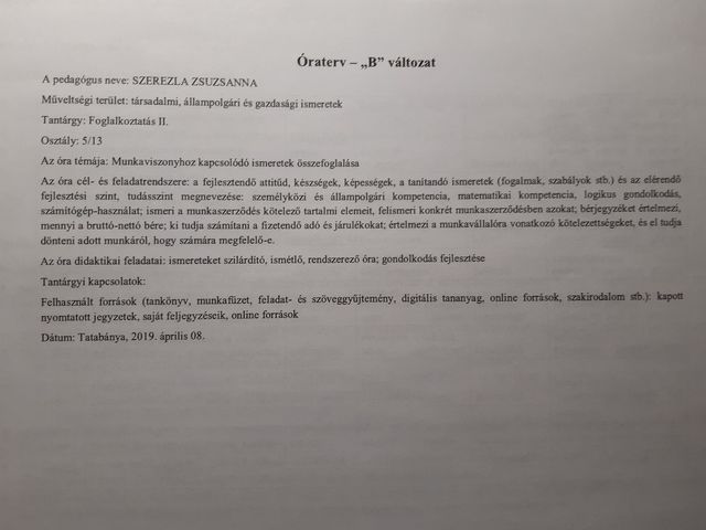 10. óra Óraterv "B" (Azért itt, mert kb. ekkor tartanám meg)